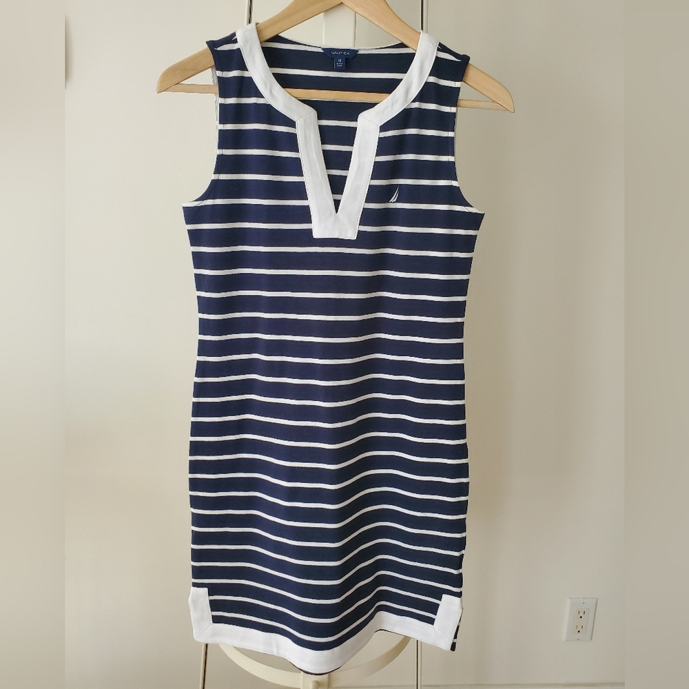 Nautica Womens Breton Stripes Sleeveless V-Neck Stretch Cotton Polo DressCasual
